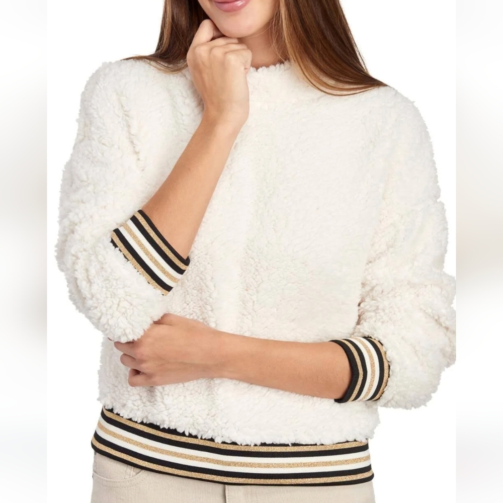 Nanette Lepore Womens Fleece Sweater Play Teddy Bear Stripe Cuff Metallic Medium